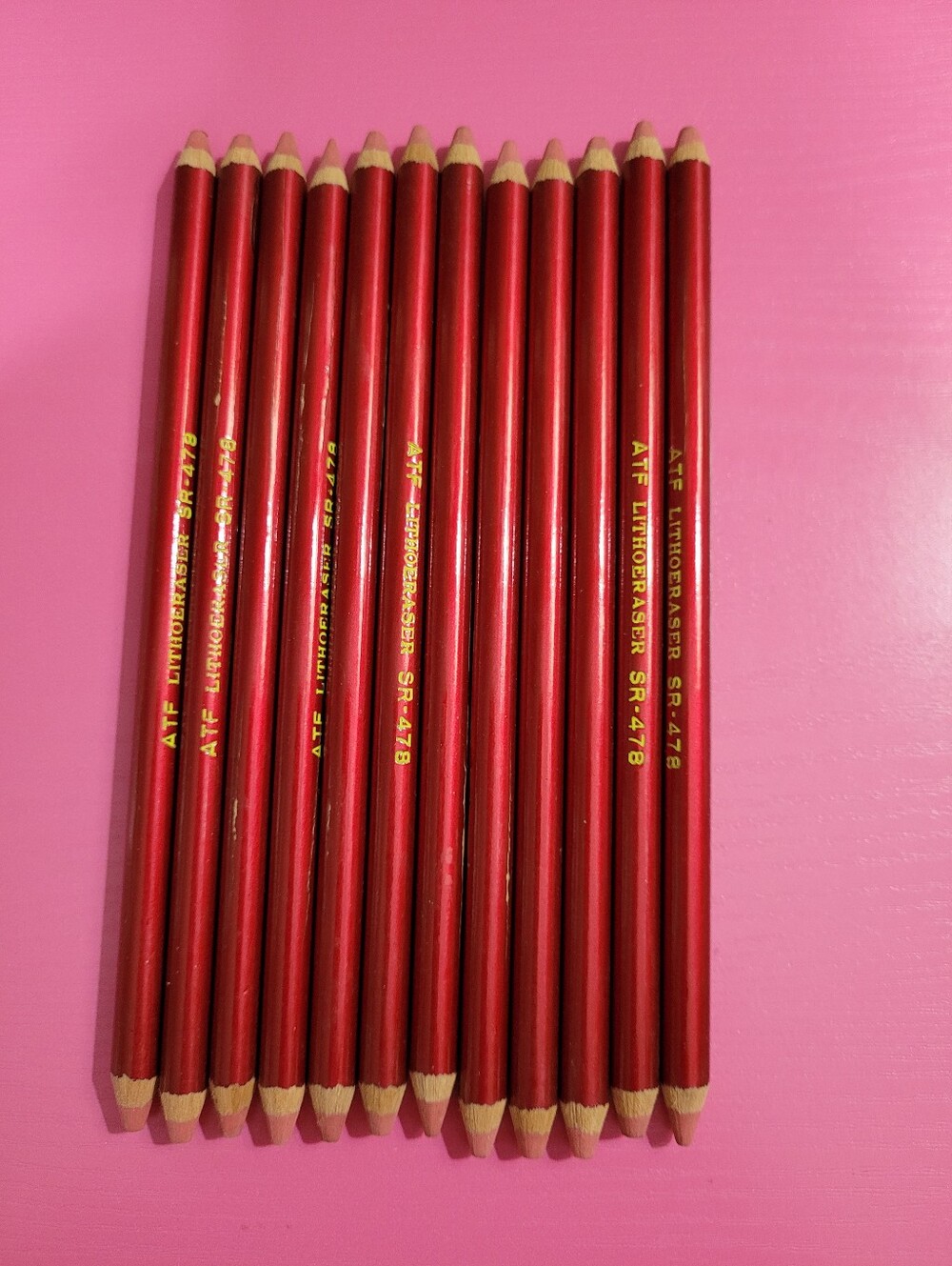 VTG ATF Red Litho Eraser Pencils SR-478 American Type Founders One Dozen (1629)
